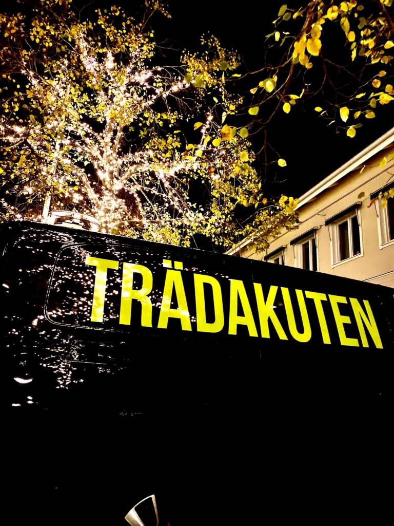 Trädakutens bil i förgrund med upplyst träd i bakgrund